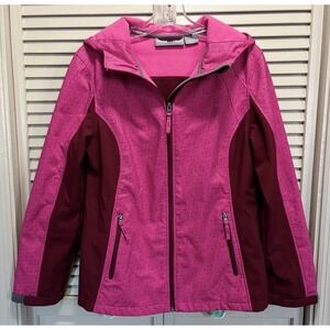 Free Tech Zip Up Hood Zip Pockets Lined Jacket Size Large Pink/Rust Geo Print